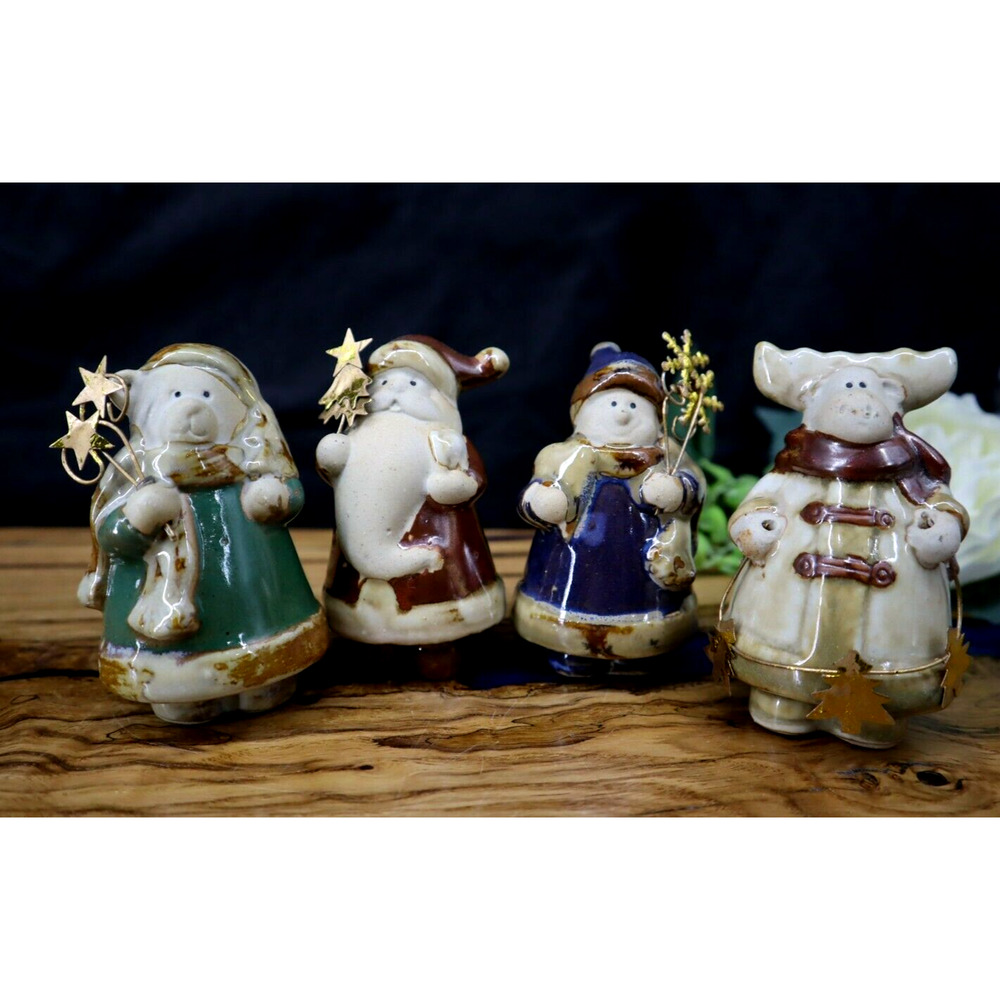 Pier 1 Ceramic Figurines Set of 4 Christmas Bear, Santa, Snowman Reindeer in Box
